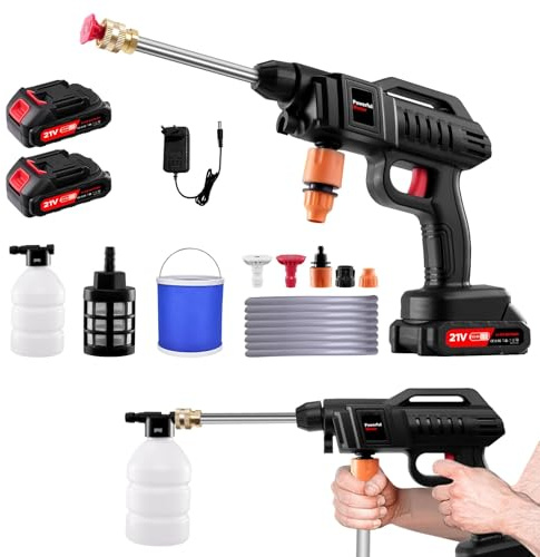 Nettoyeur Haute Pression sans Fil, Nettoyeur Portable Haute Pression 1500W 21V 60Bar, avec 2 Batteries Li-ION, Buse Réglable 3-en-1, Tuyau 5m – Idéal pour Voiture, Garage, Balcon, Nettoyage Extérieur