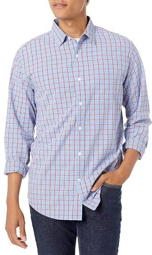 Amazon Essentials Herren Lässiges langärmeliges Popeline-Hemd Normale Passform, Hellblau Rot Karomuster, XL
