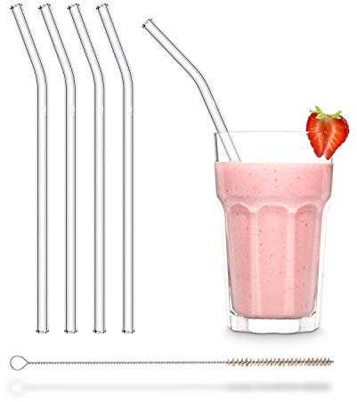HALM Pailles en Verre Réutilisables - 4 Pièces Courbées 23 cm + Brosse de Nettoyage Sans Plastique - Pailles en Verre Transparentes