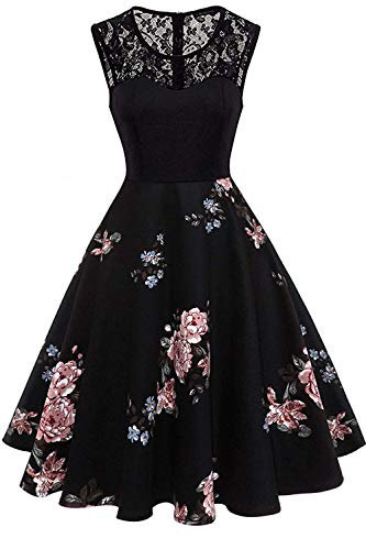 Axoe Damen 50er Jahre Rockabilly Kleid mit Blumenmuster Ärmellos, Farbe04, XXL (46 EU)