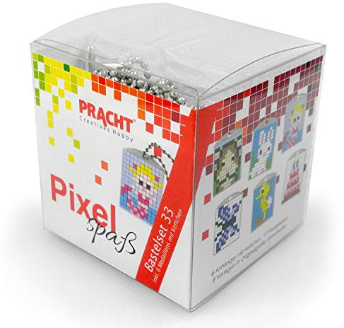 Pracht Creatives Hobby Pixel P90071-63501 Spaß Bastelset 33, zur Gestaltung von 6 Schlüsselanhängern für Kinder, kinderleichtes Stecksystem, ohne Bügeln und Kleben, Steinchen aus Biokunststoff