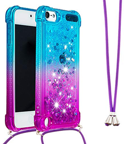 IMEIKONST Glitzer Handyhülle für iPod Touch 7 Hülle, Quicksand Fließende Flüssigkeit schwimmt Silikon Case mit Umhängeband Handykordel Band Kette für iPod Touch 5 / Touch 6 Blue Purple YB