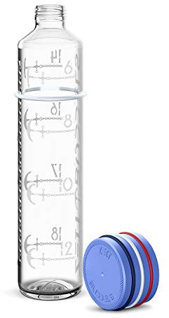 Stabile Kohlensäure geeignete Glasflasche 1000 ml 1 l Trinkflasche mit Zeitmarkierung Trinkerinnerung, BPA frei, auslaufsicher, bruchsicher, Zeitbuddels NAVIGATOR, Himmelblau