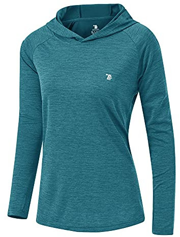 YSENTO Damen Laufshirt Langarm Sportshirt UPF 50+ Schnelltrocknend UV Schutz Hoodie Pullover Wandershirt mit Daumenlöcher(Dunkelblau,XL)