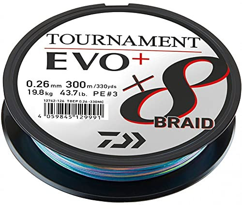 Daiwa Tournament x8 Braid EVO+ 0.16mm, 12.2kg/26.8Lbs, 300m, Mehrfarbig, Geflochtene Angelschnur, 12762-116