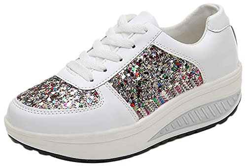 ANUFER Mujer Súper Ligero Plataforma Zapatillas con Cordones Cuña Zapatos Deportivos Blanco SN070680 EU36