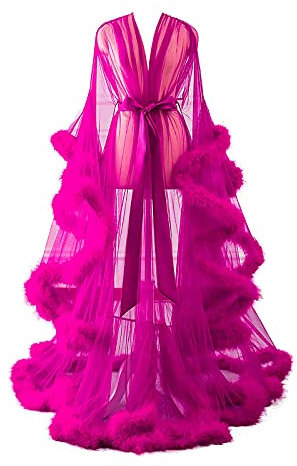 Gnohnay Maxi Jupe pour Femme, Hollywood Fuzzy Robe, Tulle Boudoir Robe, Robe Mariée en Plumes, Peignoir Nuit, Robe en Dentelle à Manches Évasées, Sexy Illusion Long Lingerie,Rose,One Size