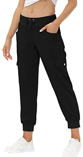 JINSHI Hosen Damen Cargohose Lange Capri Freizeithose Outdoor Jogginghose High Waist mit Kordelzug Schwarz M