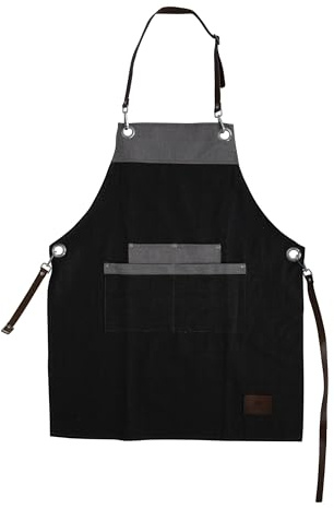 BO877000 Barbary & Oak Denim Apron with Leather Details, Adjustable Straps, 4 Pockets, Blue