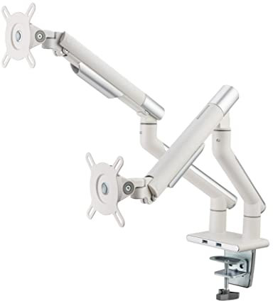 POUT E12 Dual Monitor Arm Mount Stand for Desk- Adjustable Full Motion Tilt/Swivel/Rotate 4-20lbs Capacity 75x75mm 100x100mm VESA 17-32 Display Each - Extends 19 Forward & 17 High (White/Silver)