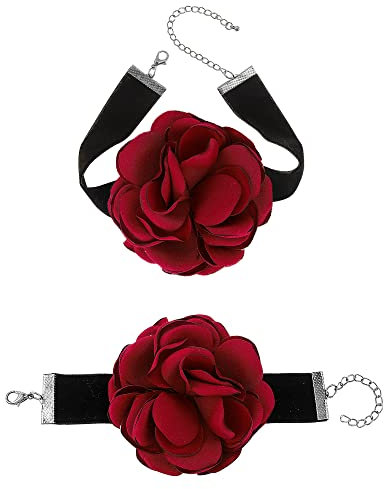 XCSJ 2pcs Choker Bracelet Ensemble Collier PU Réglable Ras du Cou Bijoux Collier Style Rétro Élégant Collier Ras du Cou Noir avec Rose pour Femmes Filles Mariages Mascarade Halloween (Noir,Rouge)