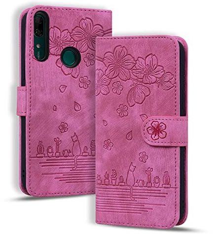 Rosbtib Custodia Compatibile con Huawei P Smart Z / Y9 Prime 2019, Pelle Premium Magnetica Flip Cover Funzione Supporto Portafoglio Cover per Huawei P Smart Z / Y9 Prime 2019, Rosa di Rosso Gatto