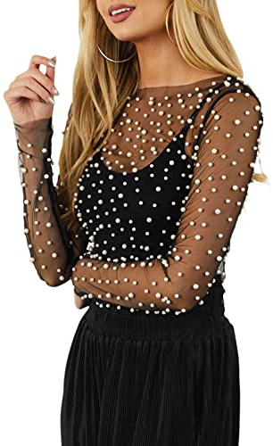 FeMereina Women's Pearl Rhinestone T-Shirt Sheer Mesh See Through Long Sleeve Crop Top Blouse Pearls Beaded Beach Cover Up (Black, M)