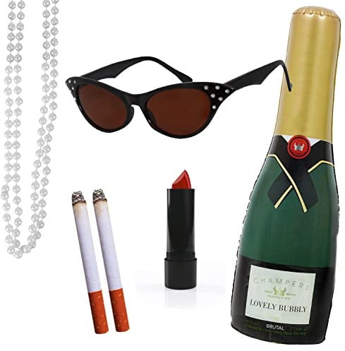Adults Fabulous Lady Accessory Set - Black Cat-Eye Glasses, Inflatable Champagne Bottle, Pearl Necklace, Red Lipstick, Fake Cigarettes - Ladies Classic British TV Character Fancy Dress Accessory Set