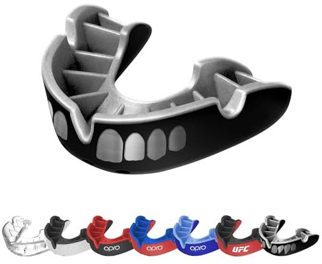 OPRO Silver Level Silver Grillz Erwachsene und Kinder Sport Mundschutz mit Etui, Mundschutz mit revolutionärer Anpassungstechnologie für Hockey, Rugby, Boxen und BJJ (Schwarz/Silber, Erwachsene)