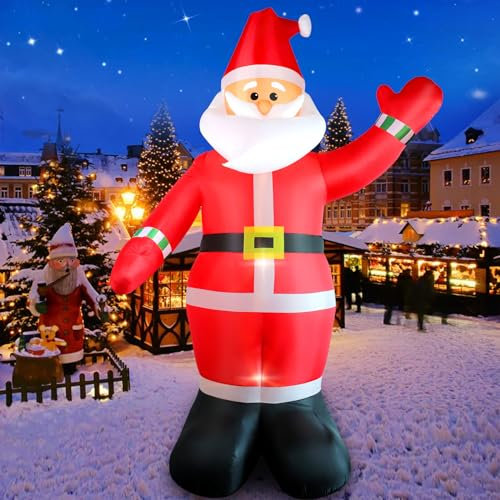 Omdekor 10 Fuß Aufblasbarer Weihnachtsmann mit LED-Lichtern, IP44 Wetterfeste Aufblasbare Weihnachtsdekoration, Riesige Weihnachtsmannfigur, Beleuchtungsdekoration für Garten, Rasen, Terrasse