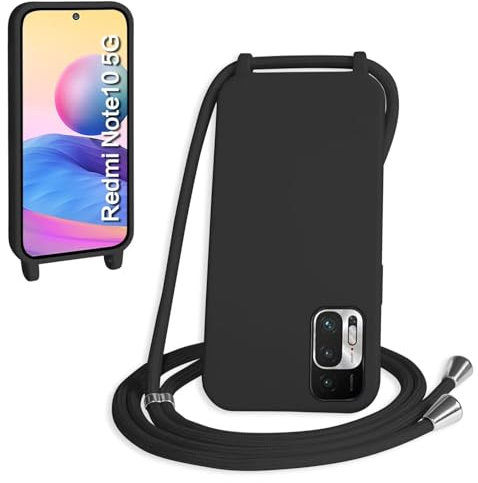Haygdz Coque Compatible avec Xiaomi Redmi Note 10 5G, Collier pour Étui Colliers de cellulaire Corde Silicone avec Cordon Case TPU Bumper, Mince Antichoc Réglable Lanyard Case, Noir