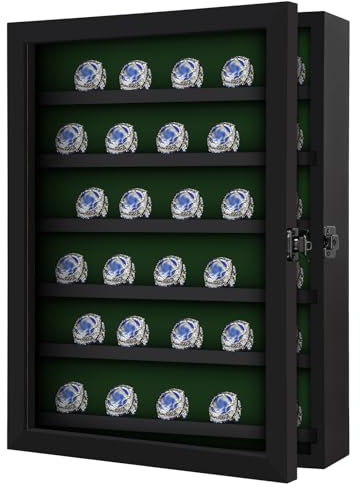 Grintus Championship-Ring-Vitrine, 30 Ringpfosten, Baseball-Ring-Vitrine, Holz, Baseball-Ringhalter, Wandhalterung, Schattenbox mit abschließbarer Echtglastür für mehrere Sport-Champion-Ringe, Schwarz