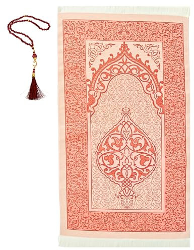 Prien Gebetsteppich Muslim mit Tesbih | Seccade mit Gebetskette | Gebetsmatte Islam für Frauen | Islamische Teppich Geschenke Set für Männer | Prayer Mat Geschenk Gebet Ramadan Namazlik (Rot)