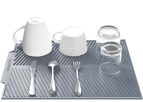 SOQKEEN Alfombrilla Escurreplatos de Silicona, 43 x 33 cm escurreplatos Silicona, Soportes para Platos, Antideslizante, Resistencia a Altas temperaturas, Alfombrilla para secar Platos, Gris Claro