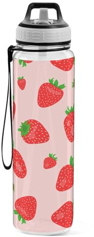Sports Water Bottle Pink Red Strawberries Tritan Drinking Bottle with Straw Large 1000ml BPA-Free Clear Leakproof for Kids Boys Girls Women Men Gym School