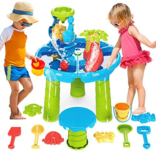 deAO Wasserspieltisch, 4 in 1 Wassertisch Kinder Outdoor inkl. Sandform, Schaufel, Gießkanne, Aktivität Sensory Play Tabelle Sand Wasser Spielzeug ab 2 3 4 Jahre Jungen Mädchen(Orbicular)