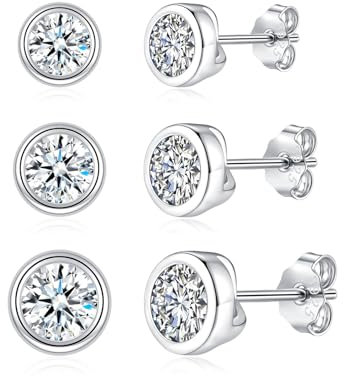 Josfeva Silber Ohrstecker für Damen, 3 Paare Ohrringe Silber 925 Stecker Set mit Zirkonia, Hypoallergen 4/5/6mm Klein Rund Schlafen Knorpel Ohrstecker, Weißgold Ohrschmuck mit Schmetterlingsverschluss