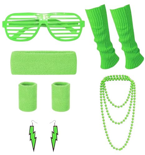 SKHAOVS 80er Jahre Accessoires Damen, 80er 90er Jahre Outfit Damen Grün, Stirnband, Beinstulpen, Halskette, Armband, Ohrring, Brille, für 80er Jahre Neon Kostüm Partys Karneval (Grün)