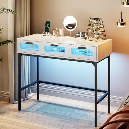 FREDEES Schminktische mit Beleuchtung ohne Spiegel, Klein Schminktisch mit Ladestation, Holz Schminktisch mit 3 Schubladen, Schlafzimmermöbel Schminktisch Büroschreibtisch Weiß