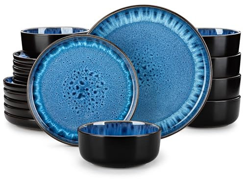 vancasso Dinner Set, Reactive Glaze Dinner Sets for 6 People, 18-Piece Mediterranean Crockery Set with Dinner Plates, Dessert Plate and Cereal Bowls, Playa Blue