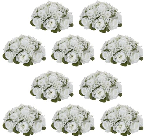 NUPTIO White Flowers Ball Centrepieces: 10 Pcs 22cm Diameter Decorative Artificial Rose Balls for Wedding Table - Fake Gypsophila Baby Breath Flower Arrangement for Party Reception
