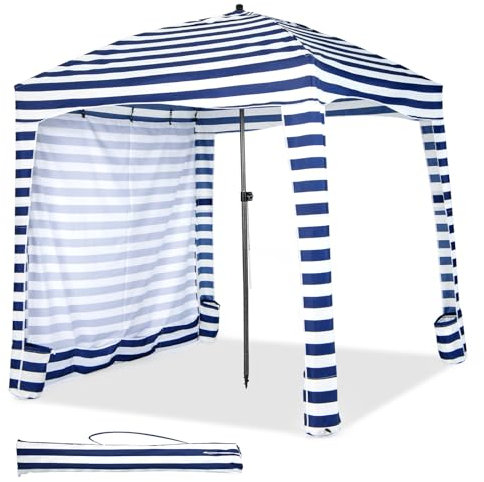 HOMASIS Strandzelt 1,8x1,8 m, höhenverstellbare Strandmuschel mit UV-Schutz, klappbarer Sonnenschutz Strand mit abnehmbarer Seitenwand & Sandsäcken, Sonnensegel mit Sandanker & Tragetasche (Blau+Weiß)
