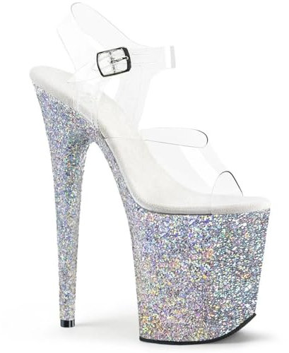 denova's Sandales à talons hauts transparents pour femme - Grande taille - Plateforme - Avec sangle de cheville, Argenté/transparent 3, 12 US