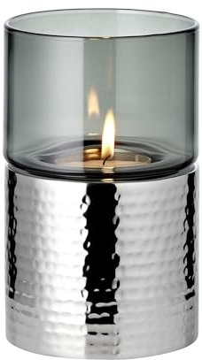 EDZARD Windlicht Cosmo, Dunkles Glas, Edelstahl gehämmert, hochglanzpoliert, perfekt für Maxi-Teelicht (Höhe 18 cm)