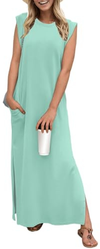 GRECERELLE Robe maxi d'été pour femmes, robes chemises décontractées, styles élégants, robes maxi basiques sans manches pour femmes UK avec fente et poches, bleu clair, XXL