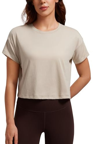 CRZ YOGA Damen Kurzarm Sport Tshirt Loose Baumwolle Fitness Crop Top Sommer Gym Workout Cropped Oberteile Mojave-Braun 38