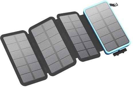 FEELLE Chargeur Solaire 25000mAh, Solaire Batterie Externe avec Double Sortie USB 3,0A et 4 Panneaux Solaires Pliables Chargeur Portable pour Smartphone, Tablette, Camping et Plus (Bleu)