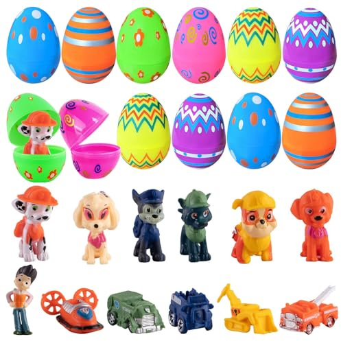 Dowdiles 12 Stück Gefüllte Ostereier mit 12 Cartoon Figuren Set,Plastikeier zum Befüllen,Befüllbare Ostereier Gefüllt mit Spielzeug,Ostergeschenke