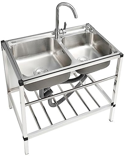 Gebrauchs-Küchenspüle, Handels-Edelstahlspüle mit heißem und kaltem Wasserhahn, einfach zu reinigen, freistehende doppelte Schüssel Handwaschbecken im Freien Waschbecken