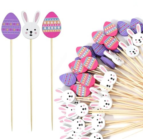 SIRLOMU 50 Piezas de Palillos de Madera para Cócteles de Huevos de Pascua y Conejos, Decoración de Pascua para Fiestas, Bodas, Cumpleaños (Largo)