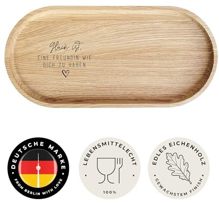 HerzHolzPapier® graviertes Holztablett 'GLÜCK Freundin' aus Eichenholz・Lebensmittelecht・Gewachst・rutschfeste Füße・20 x 10 x 1,5 cm ・ Serviertablett・Dekotablett・Geschenkidee
