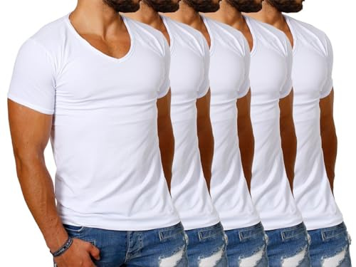 Carisma Herren Uni Basic T-Shirt mit tiefem V-Ausschnitt Vintage Destroyed Kragen Effekt einfarbig Dehnbare Passform, Grösse:S, Farbe:Weiß (5er Pack)
