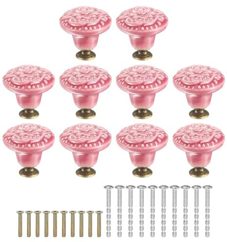 sourcing map 10Pcs Ceramic Knobs, 34mm/1.34 Flower Pattern Mushroom Knob Raised Base Drawer Pull Handle Vintage Wardrobe Knobs with Screws for Vanity Bedroom Furniture Closet, Red