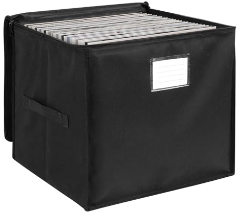 bruwaa 12-inch Vinyl Record Storage Box，Record Storage Case with Lid & Handles, Stackable & Collapsible Records Crate Holds up to 90 LP Records, Organizer for Valuable Albums, CDs - Black
