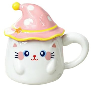 HUMOCHUSON Tasse Cappuccino Tasse En Céramique Avec Couvercle Pour Filles, Motif Chat De Dessin Animé, 380 Ml