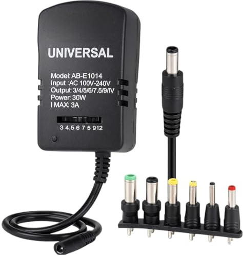Universalnetzteil AB-E1014 30 W 3-12 V DC verstellbar | 6 Anschlüsse inklusive | Eingang 100-240 V AC | Ausgang 3 V 4,5 V 5 V 6 V 7,5 V 9 V 12 V | Adapter für Router, LED, Audio, elektronische Geräte