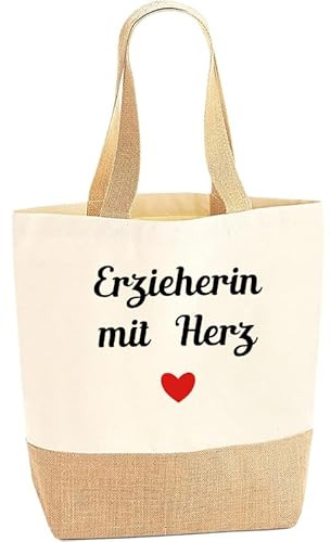 Aoohaha Jutebeutel Erzieherin mit Herz, Jute Einkaufstasche für Erzieher, Jute Tote Bag als Abschiedsgeschenk, Danke Geschenk für Erzieherin Kindergarten, Abschied Geschenk für Erzieher von Schülern