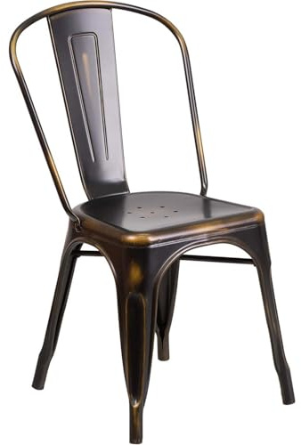 FWStyle Blake Black/Copper Metal Stackable Dining Chair – Distressed Finish Bistro Seat for Home - Kitchen - Café or Restaurant - Industrial Style with Curved Backrest