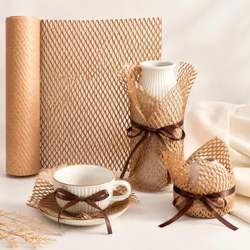 Tapsin Rouleau de papier cadeau marron en nid d'abeille, fournitures d'emballage pour déménagement, emballage pour verrerie, assiettes, tasses, boîtes et colis (38 cm x 50 m)