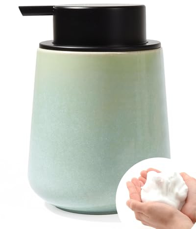 Bosilunlife Seifenspender Keramik Cyan,Schaumseifenspender | Spülmittelspender, Nachfüllbarer Cremespender 350ml, Großer Pumpkopf für leichtes Pressen, Geeignet für Küche, Bad